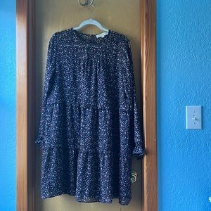 LOFT L long sleeved dress, navy with red white and grey flowers